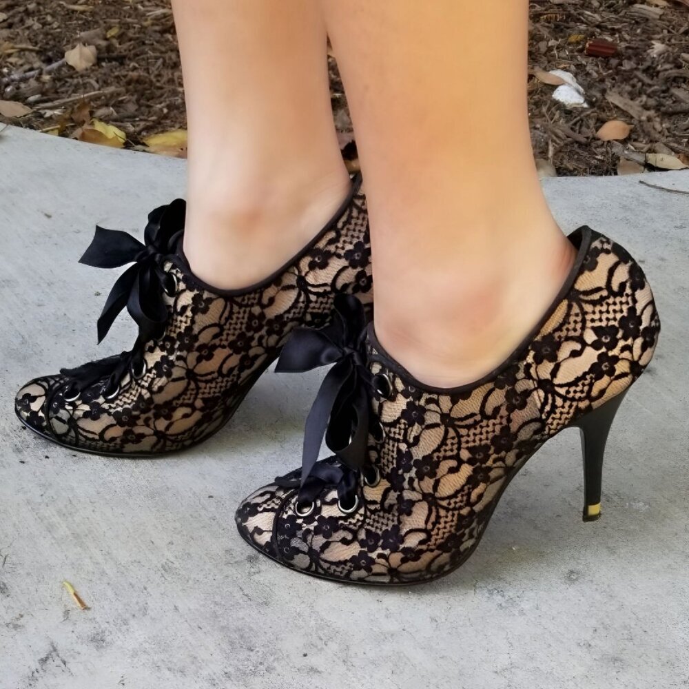 Beverly Feldman Black Lace Overlay Satin Bow Ankle Booties